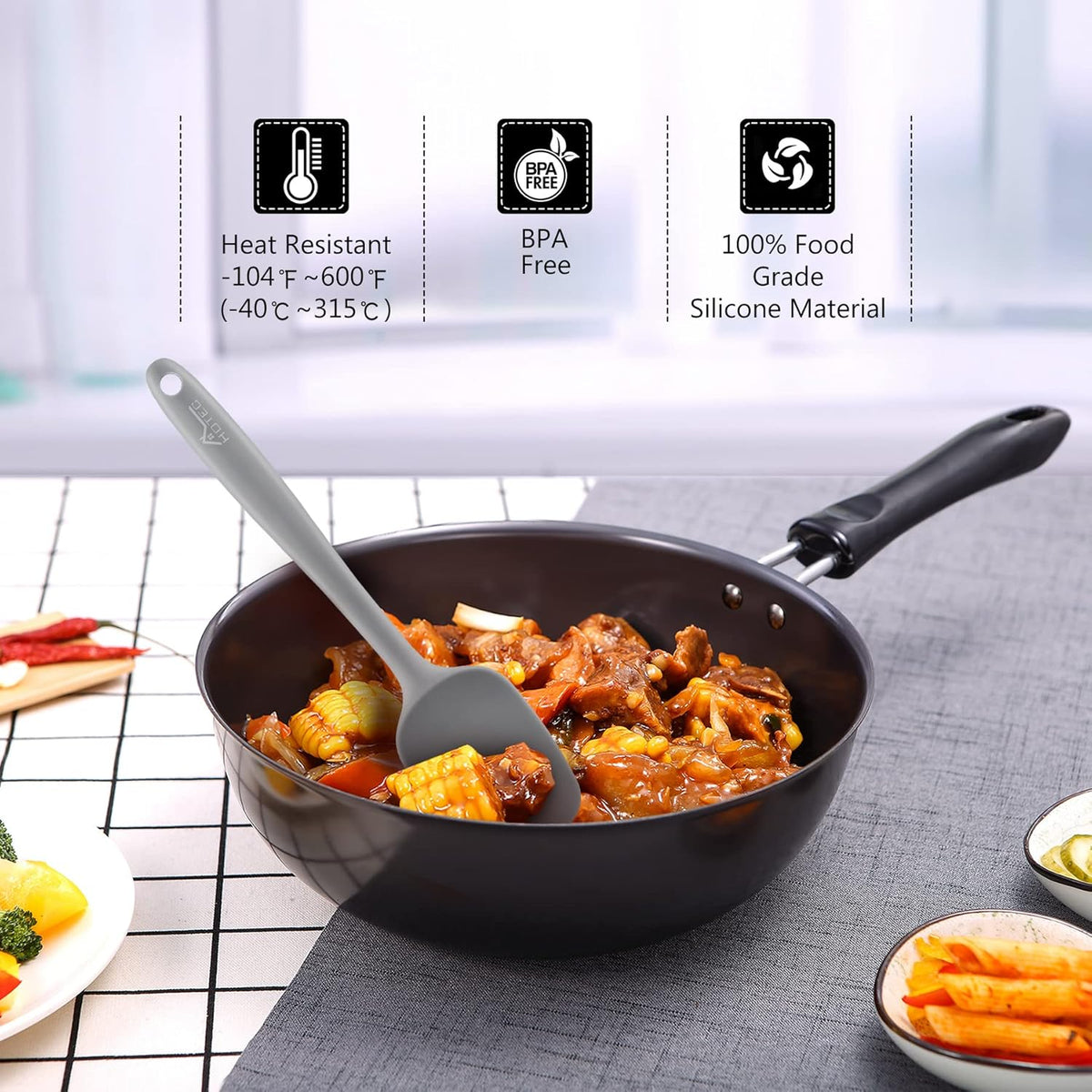 HOTEC 600℉ Heat Resistant BPA-Free Silicone Rubber Spatula Set,Kitchen Cooking Spatulas, Baking