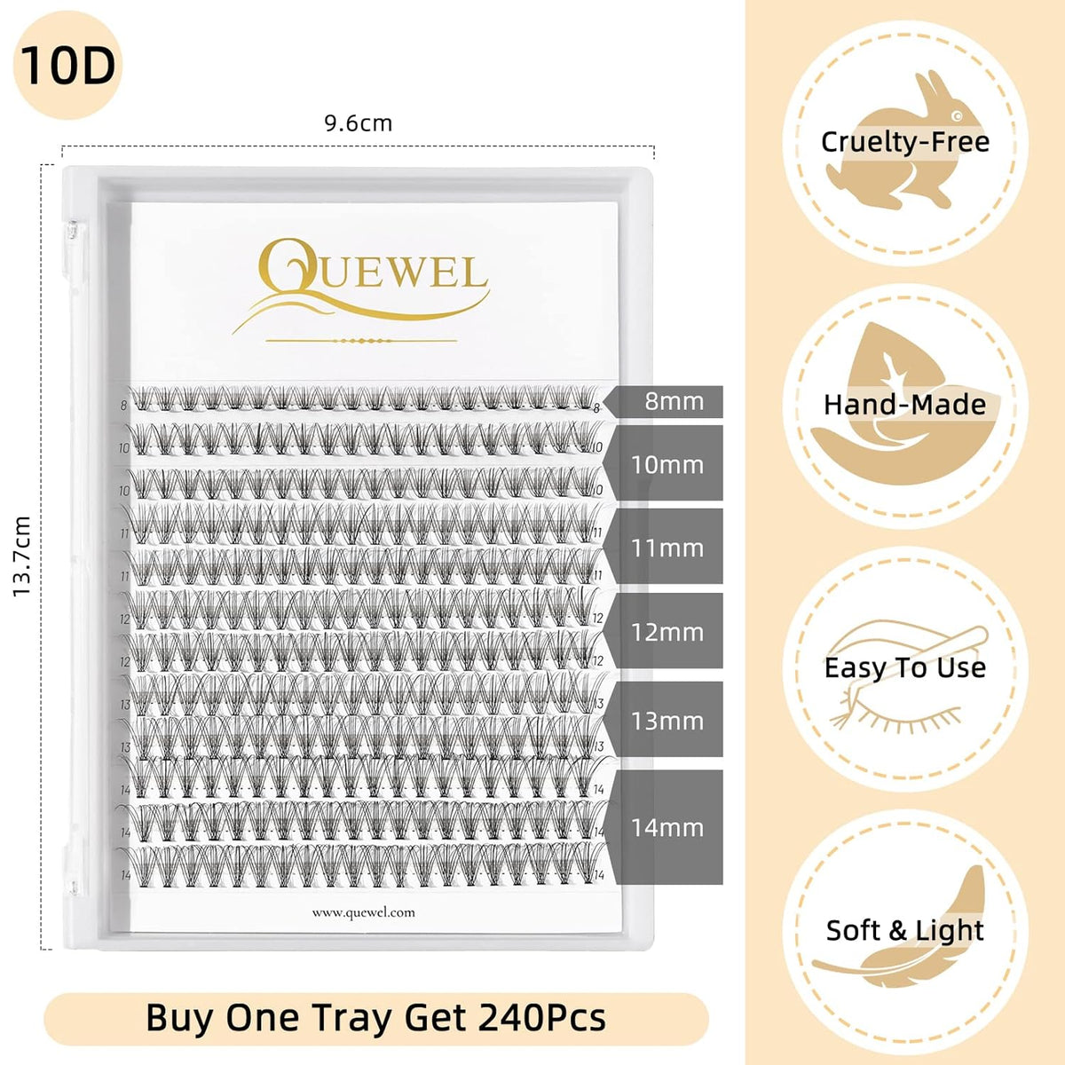 QUEWEL Lash Clusters 240Pcs Cluster Lashes 10D 0.10C Curl 12mm Individual Lashes Soft&Comfortable