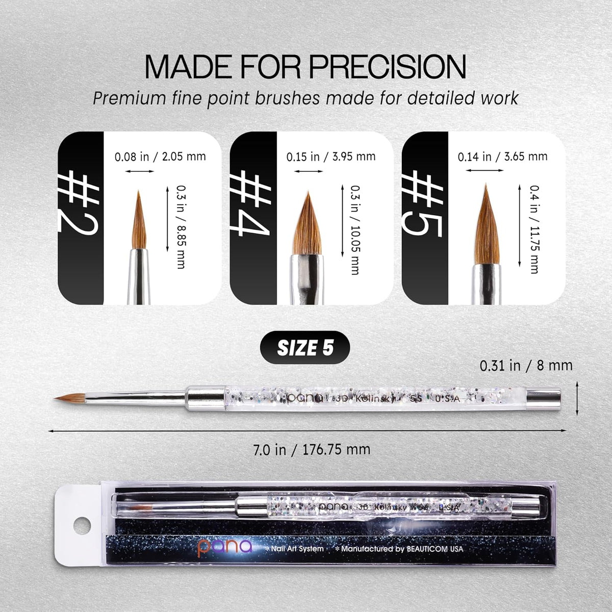PANA 3D Kolinsky Nail Art Brush - Silver Glitter Handle, Size 5 - Acrylic Nail Art Sculpture Brush