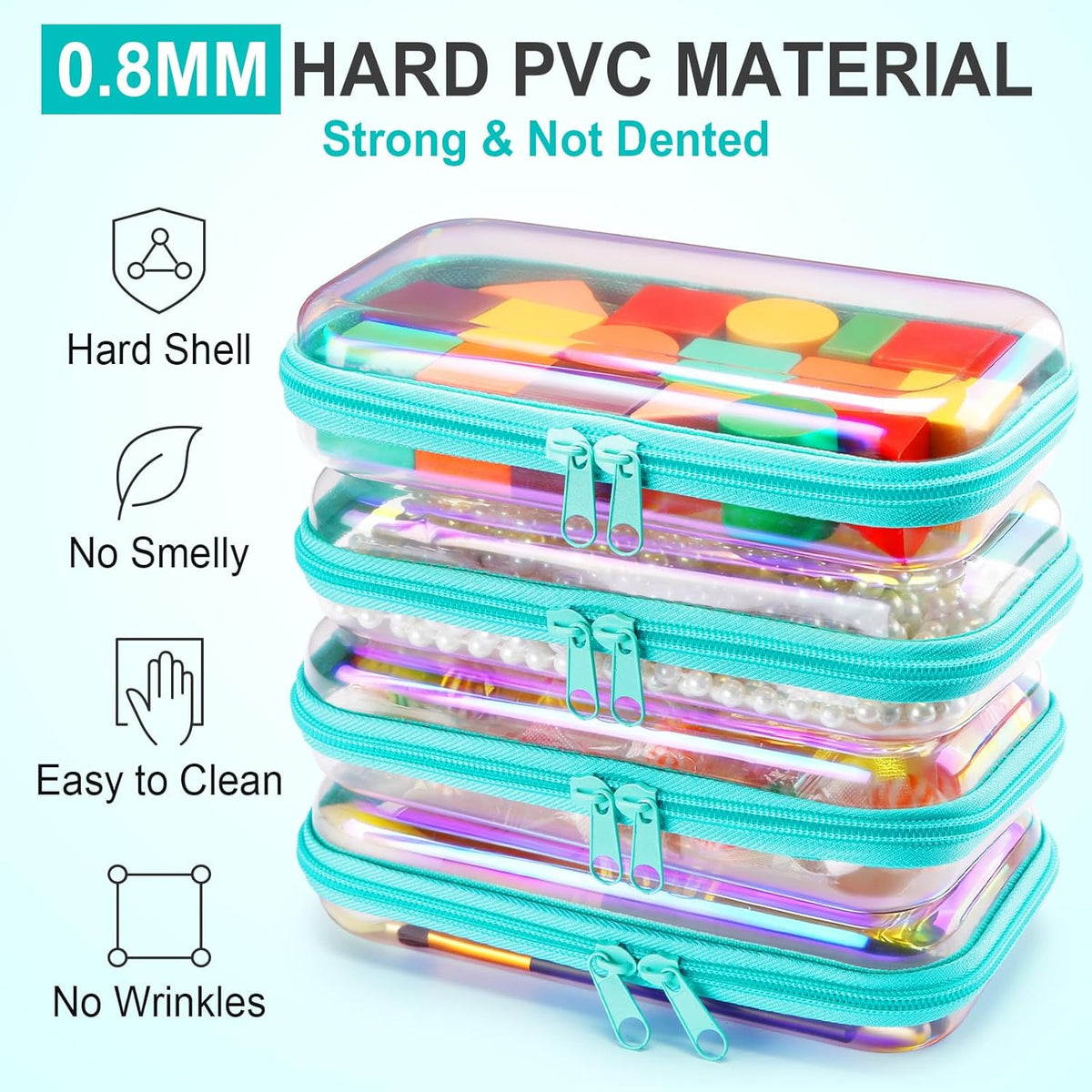 Hoolerry 4 Pcs Hard Clear Zipper Case Makeup Bags Plastic Pencil Pouch Transparent Storage Box