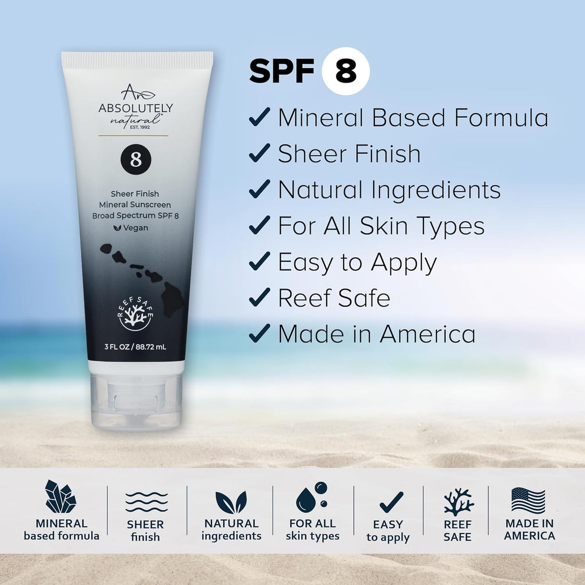 SPF 8 Mineral Sunscreen - Water Resistant Moisturzing Lotion for Body & Face - Non-Nano Zinc Oxide