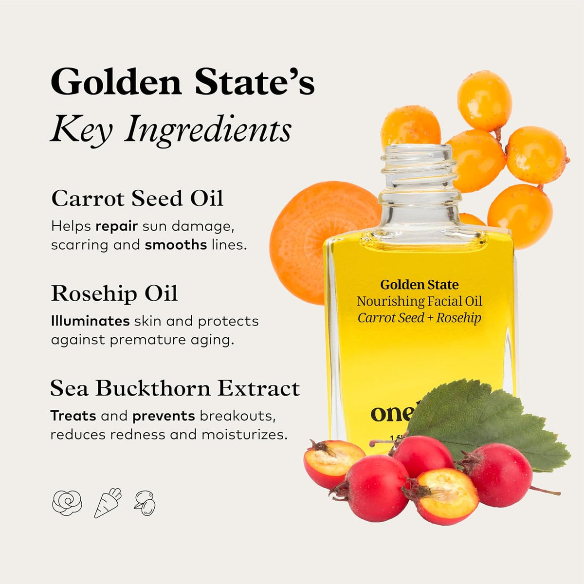 Onekind Golden State Anti Aging Botanical Face Oil with Rosehip Seed Oil, Sea Buckthorn Extract