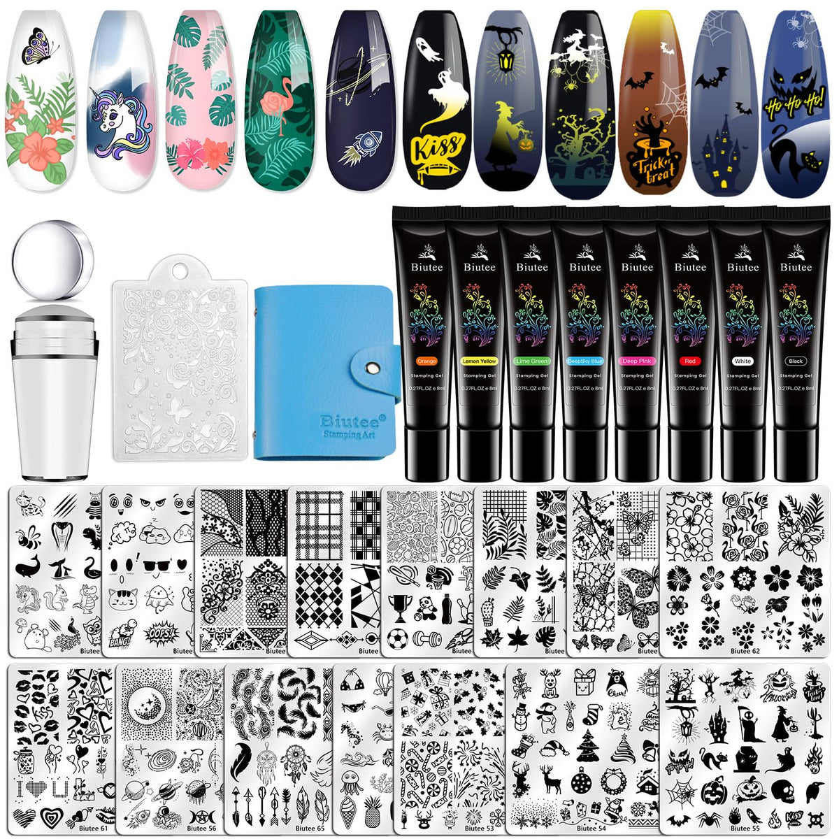Biutee Nail Stamper Kit 15pcs Nail Art Stamp Plate 8pcs Stamp Gel Polish 1pcs Nail Stamper Scraper