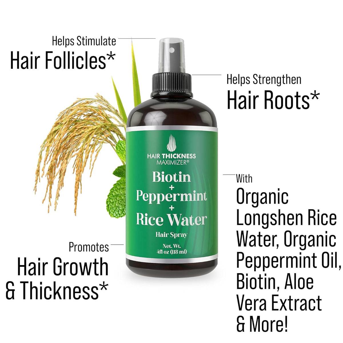 Biotin + Peppermint + Rice Water Spray For Hair Growth. Vegan Leave In Conditioner For Women, Men.