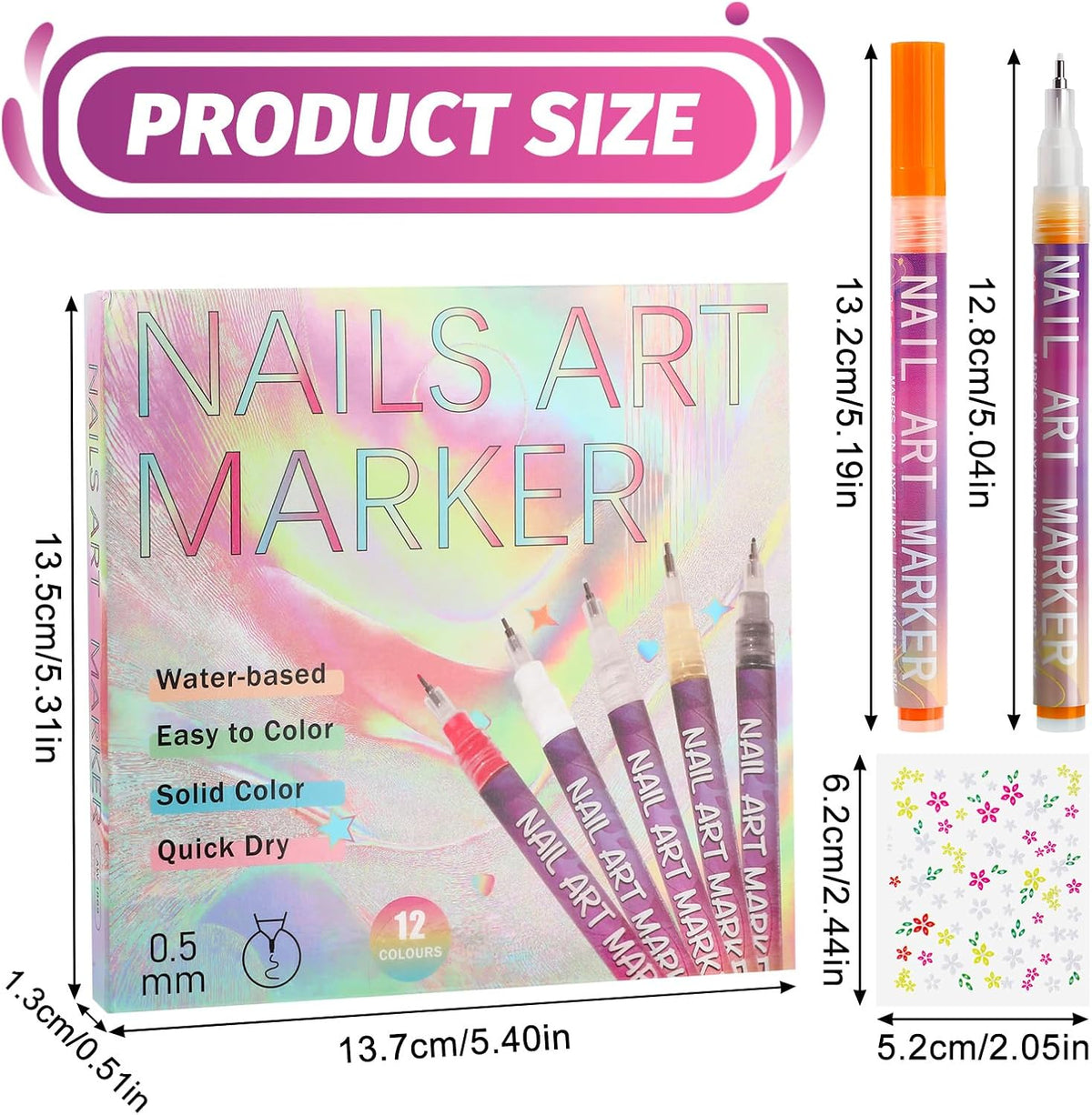 miikoul 12 Colors Nail Art Pens Set 0.7mm Art Graffiti Pen with 10PCS Nail Art Stickers 3D Nail