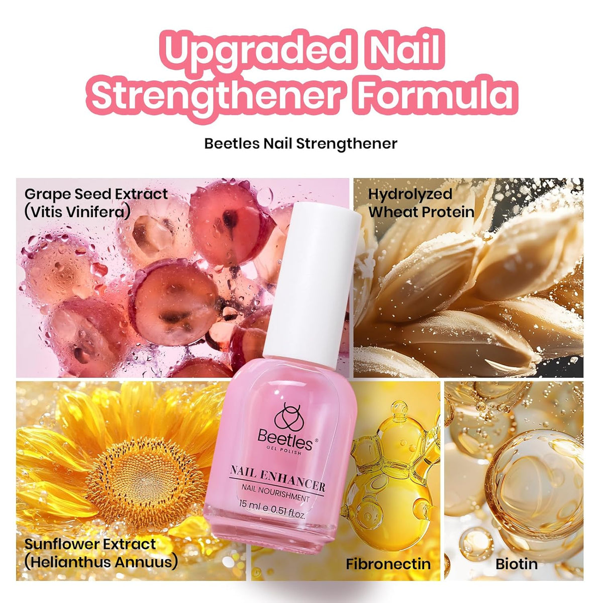 Beetles Nail Strengthener, Air Dry Pink Neutral Nail Polish Strengthener and Growth Nail Growth