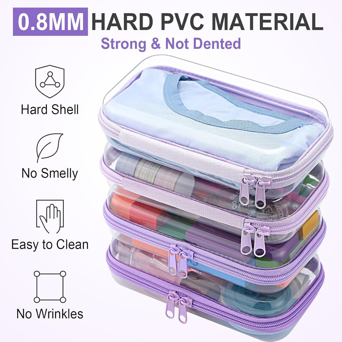 Hoolerry 4 Pcs Hard Clear Zipper Case Makeup Bags Plastic Pencil Pouch Transparent Storage Box