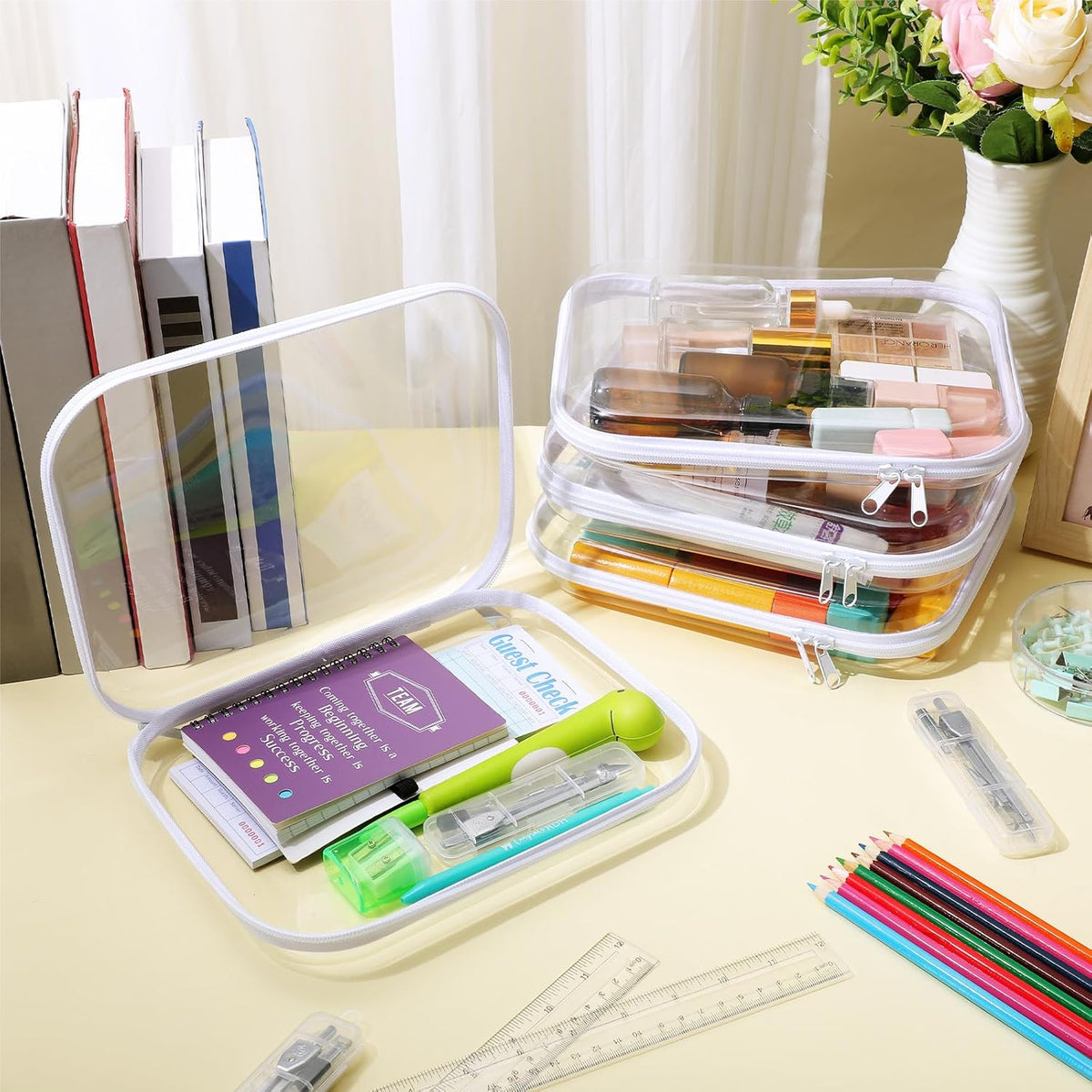 Hoolerry 4 Pcs Hard Clear Zipper Case Makeup Bags Plastic Pencil Pouch Transparent Storage Box