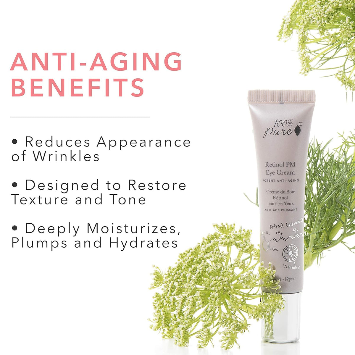 100% PURE Retinol Eye PM Cream, Anti-Aging Eye Cream for Wrinkles, Pure Retinol Cream, Wrinkle