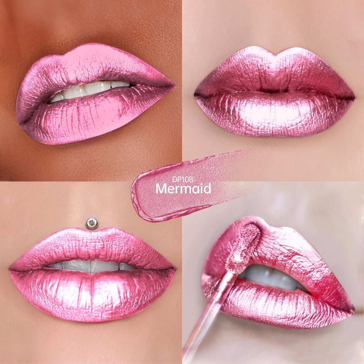 Pink Lipsticks for Women Metallic Lipstick Long Lasting Non Stick Cup Lip Gloss, Shimmer