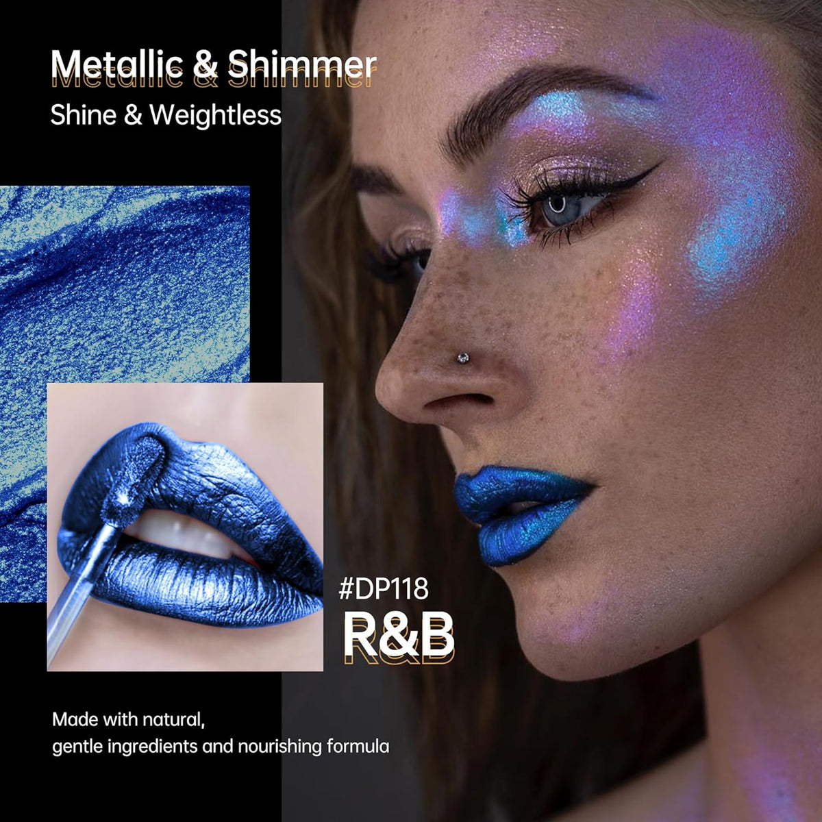 Blue Lipsticks for Women Metallic Lipstick Long Lasting Non Stick Cup Lip Gloss, Shimmer