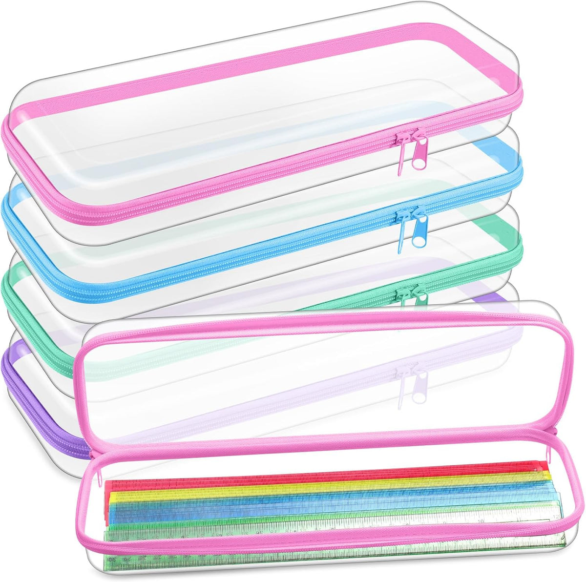 Hoolerry 4 Pcs Hard Clear Zipper Case Makeup Bags Plastic Pencil Pouch Transparent Storage Box