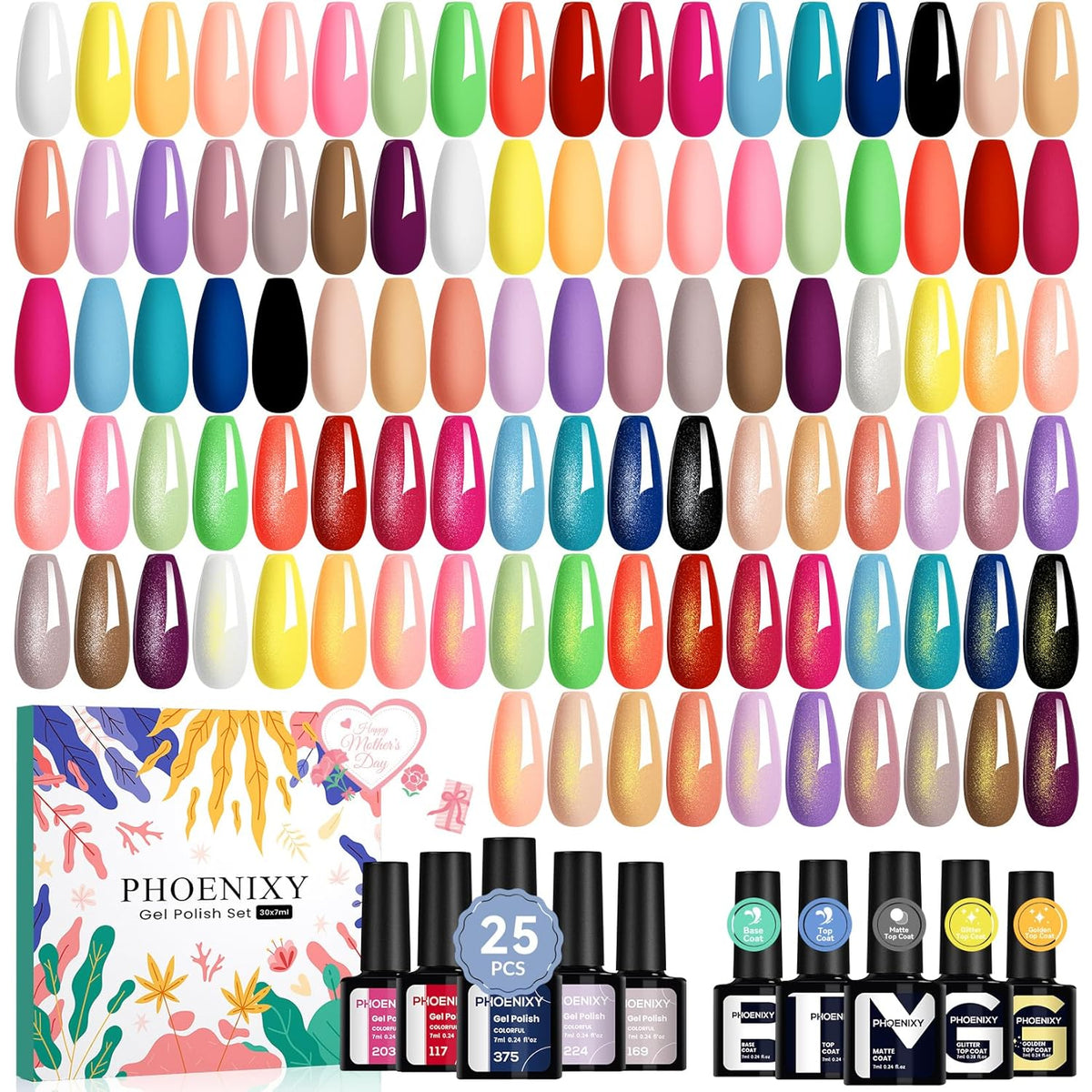 Phoenixy 30 PCS Gel Nail Polish 25 Colors Gel Nail Polish Set with Base Coat Glossy Matte and