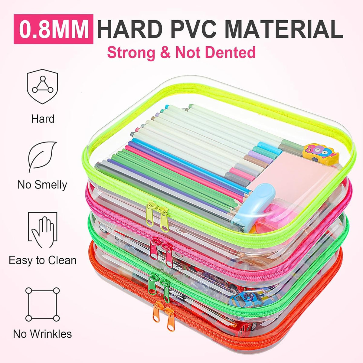 Hoolerry 4 Pcs Hard Clear Zipper Case Makeup Bags Plastic Pencil Pouch Transparent Storage Box