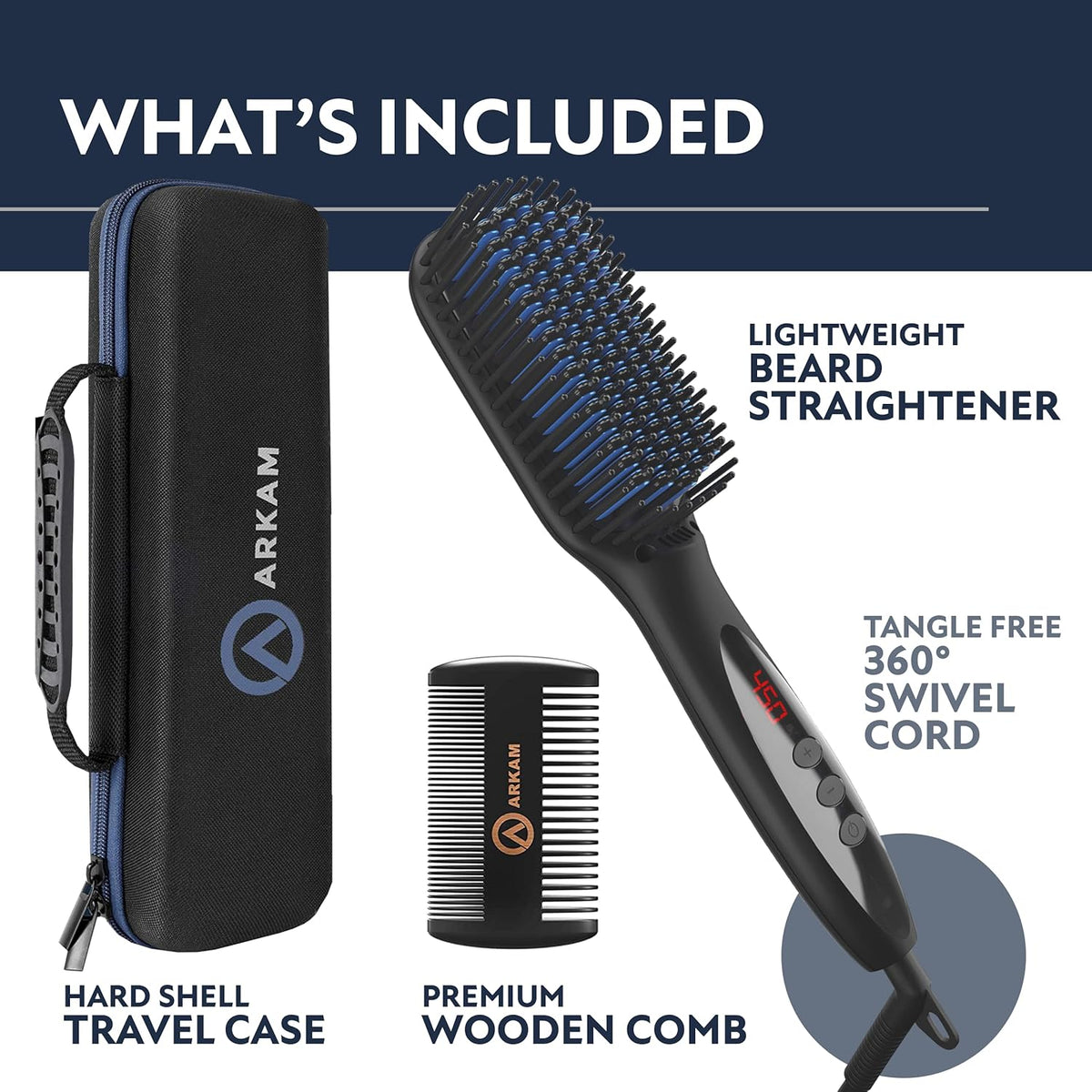 Arkam Beard Straightener for Men -Premium Heated Beard Brush Kit w/Anti-Scald Feature, Dual Action