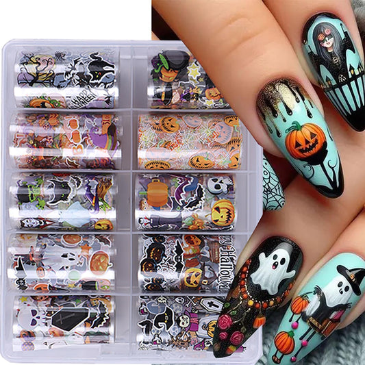 10 Rolls Halloween Nail Transfer Foil Stickers Set Halloween Theme Nail Art Foils Decals Cartoon