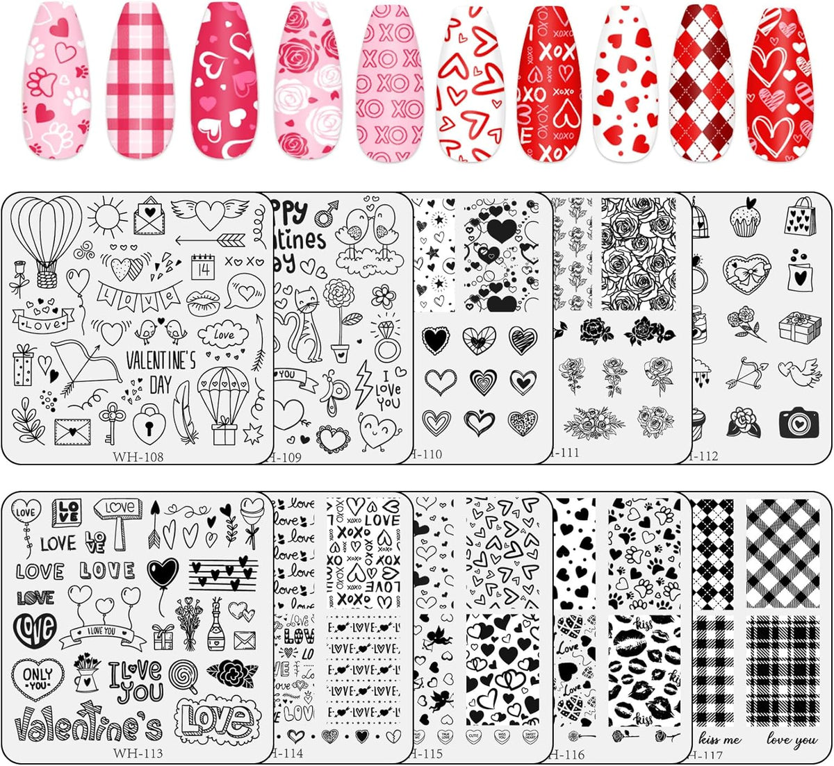 Whaline 10Pcs Valentine's Day Nail Art Stamping Plate Kit Romantic Love Heart Rose Design Nair Art