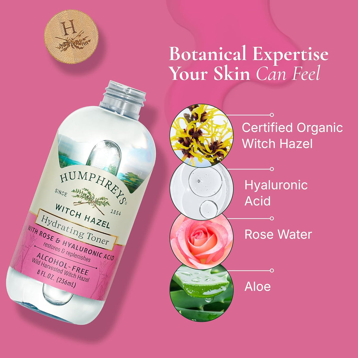 Humphreys Witch Hazel Hydrating Toner | Wild Harvested Witch Hazel & Rose | Natural, Alcohol-Free