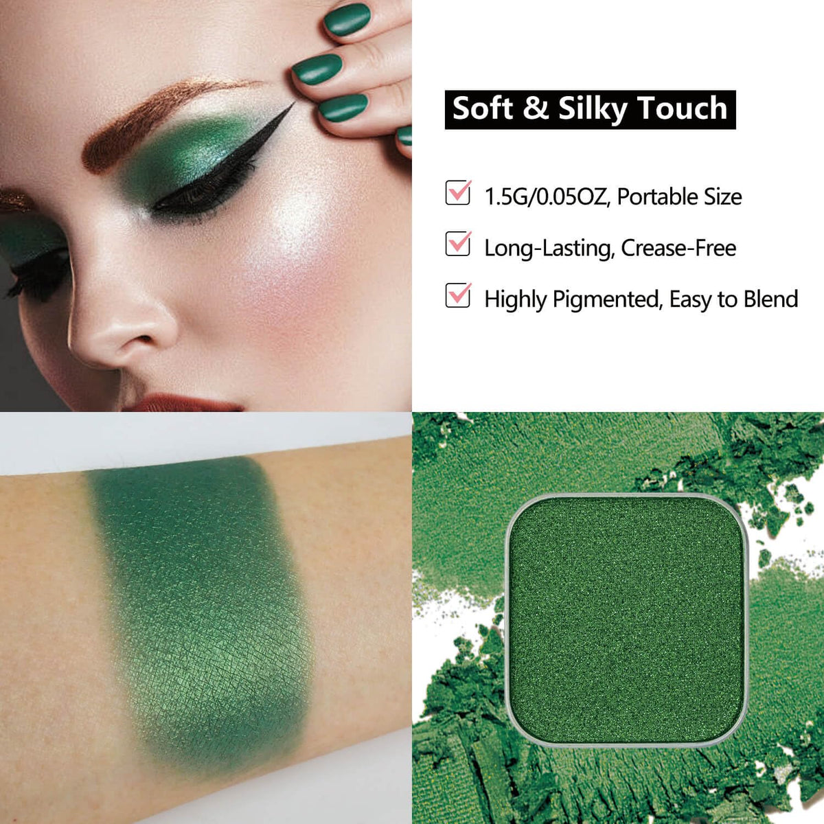 Magnetic Single-Color Metallic Flash Eyeshadow with Pan, Spring and Summer Green Eyeshadow Refill