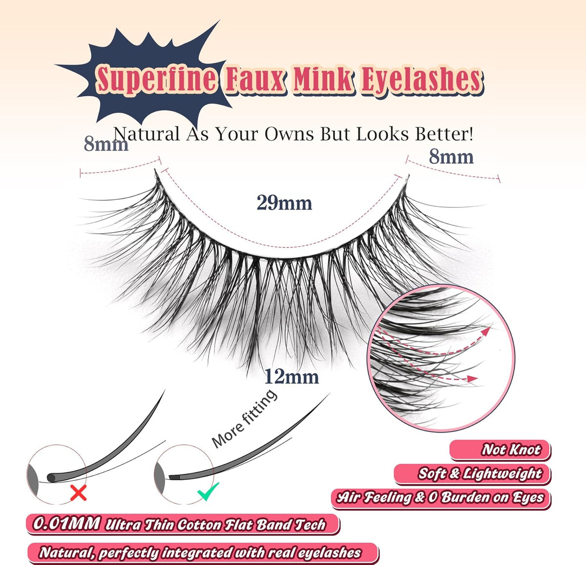 Natural Lashes Eyelashes Wispy 12mm False Lashes Soft Strip Lashes 3D Volume Eyelashes Thin Cotton