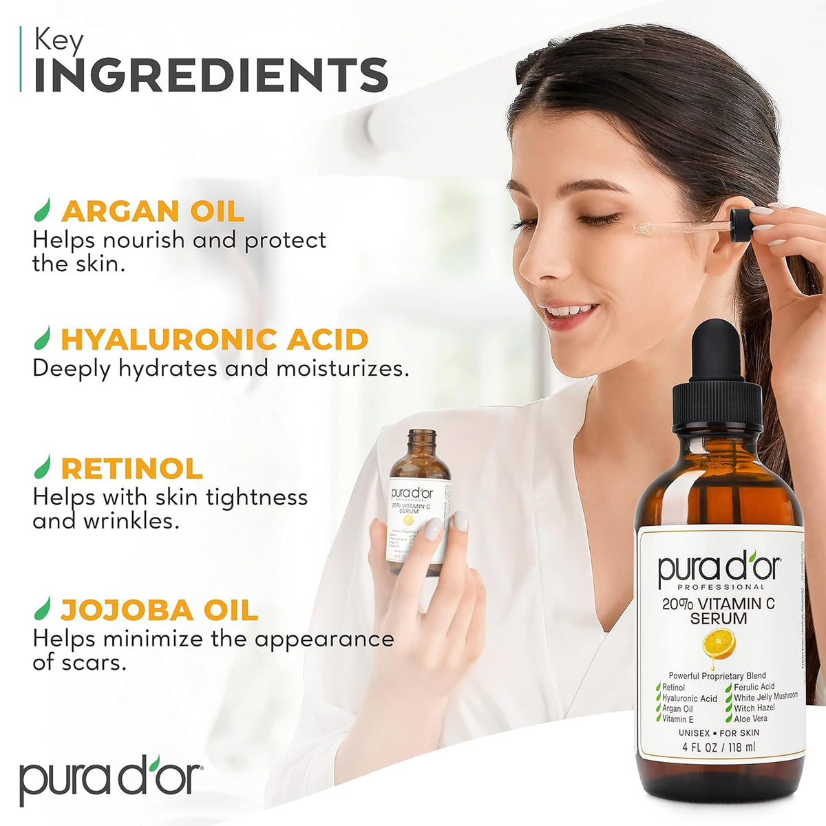 PURA D'OR 20% Vitamin C Serum 4 Oz - Lightweight Maximum Strength Formula - Retinol, Hyaluronic