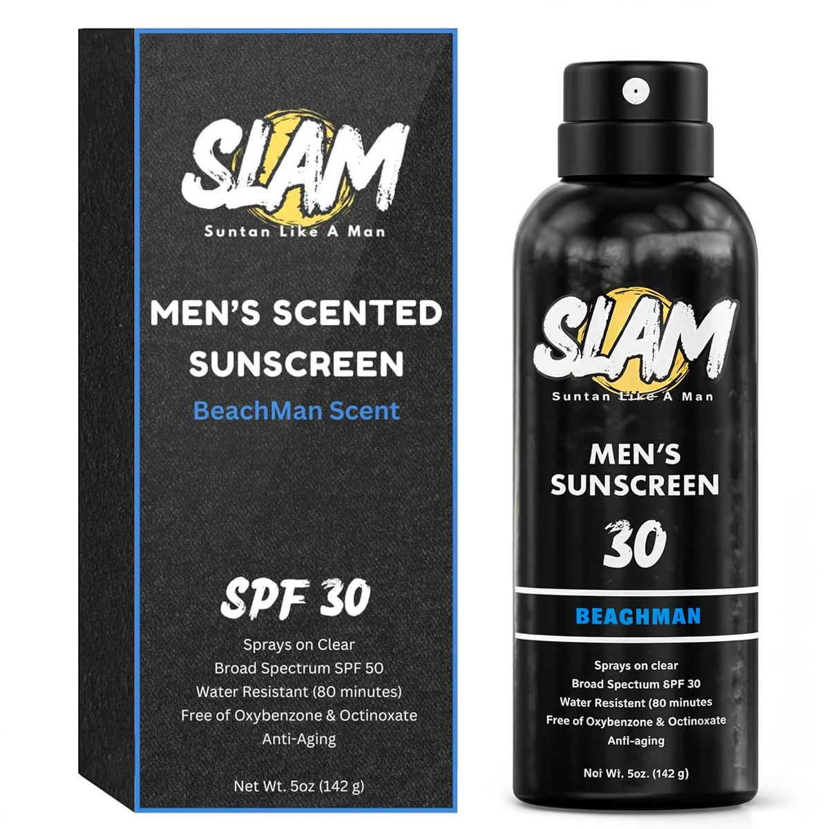 SLAM BeachMan Men's Scented Sunscreen Spray SPF 30 – Broad Spectrum Sun Screen for Face & Body