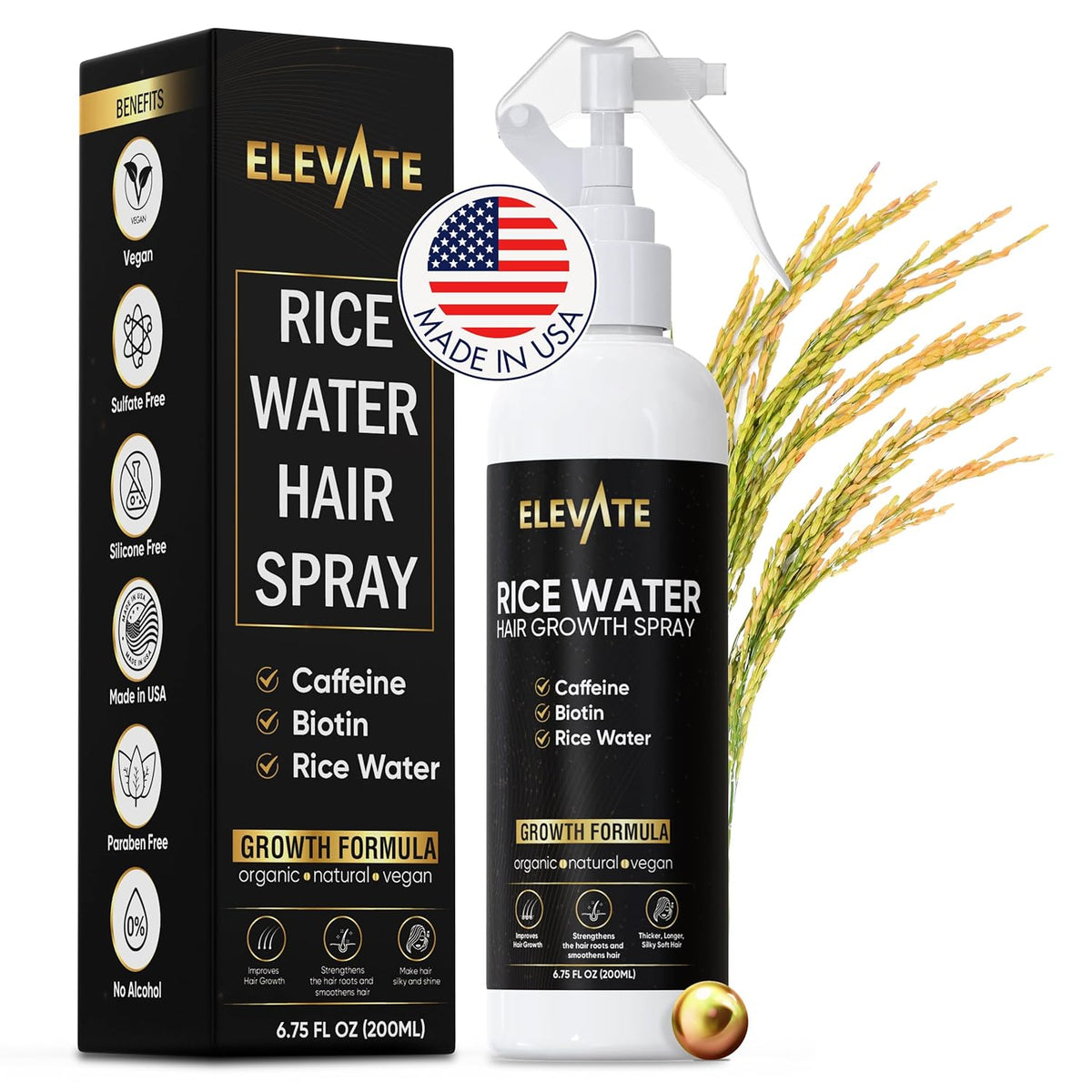 Elevate Rice Water Hair Growth Spray - Infused with Biotin, Caffeine & Aloe Vera for Thicker