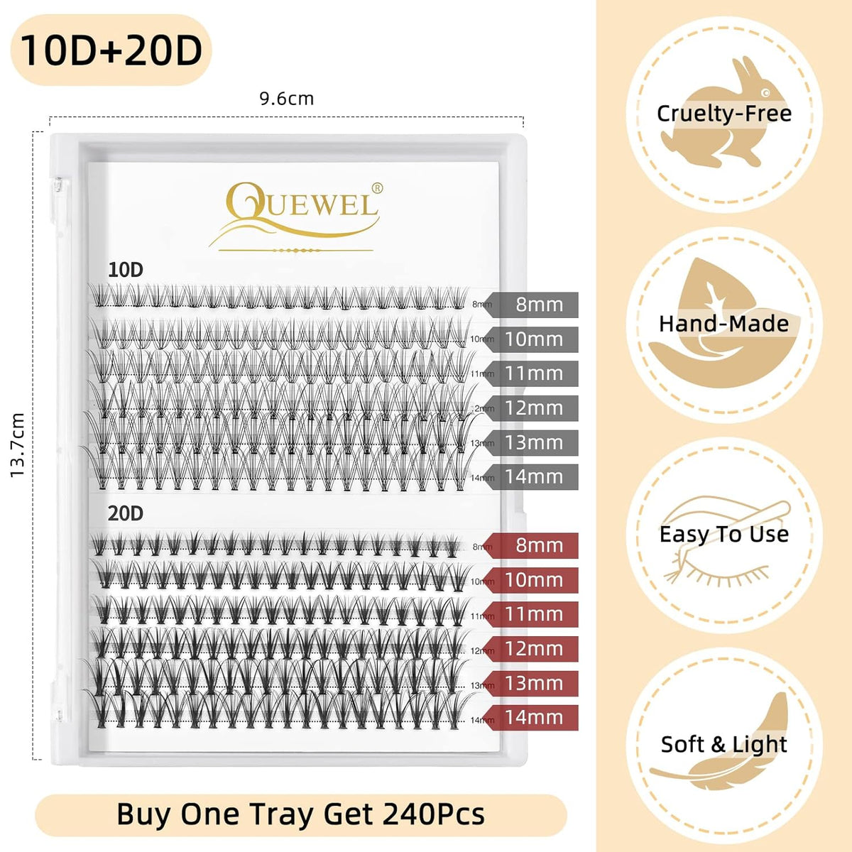 QUEWEL Cluster Lashes 240Pcs 10D+20D D Curl Mix8-14mm Lash Extensions Soft&Natural False Eyelashes