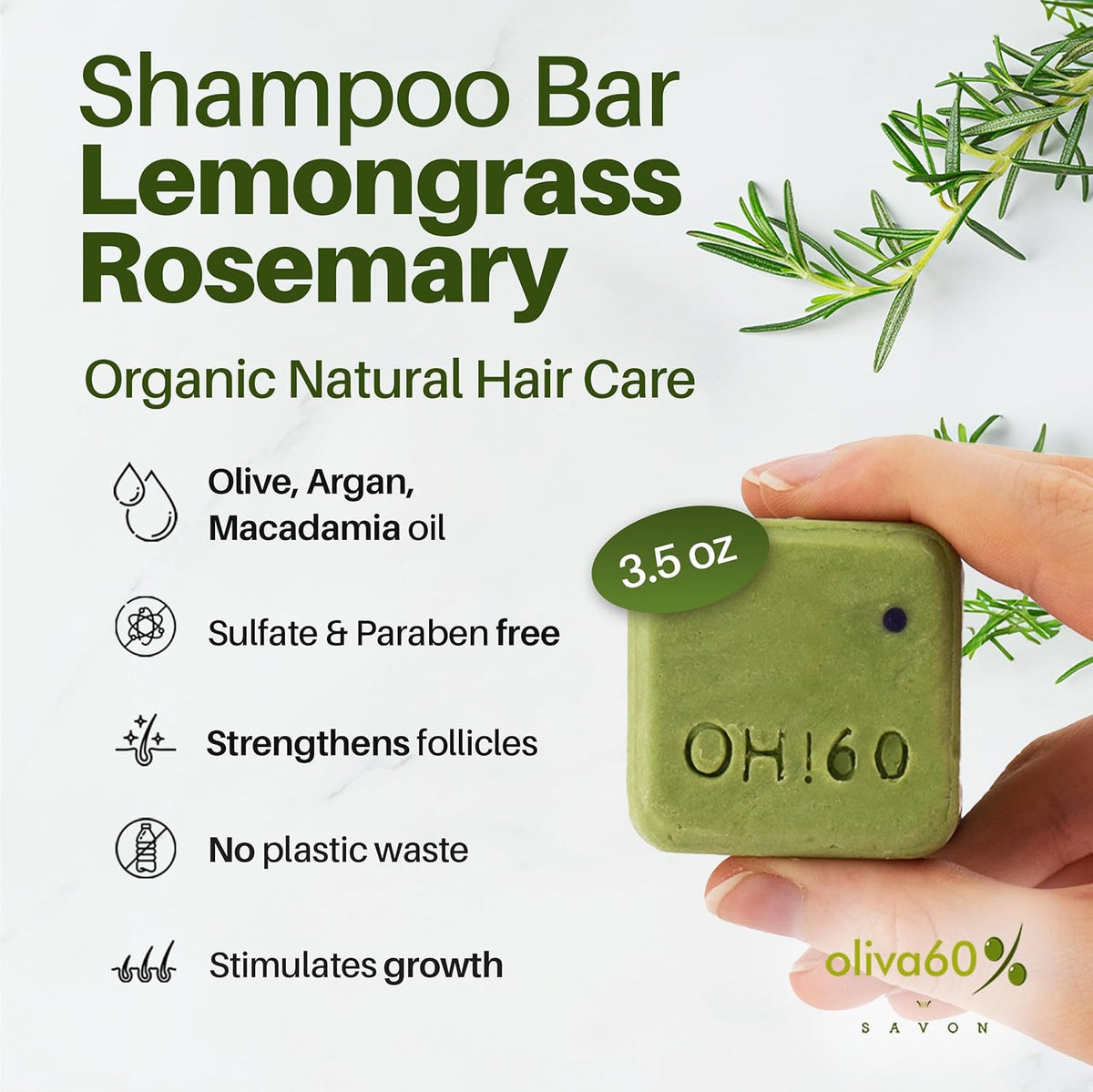 Shampoo Bar Lemongrass Rosemary - Olive, Argan, Macadamia Oil | Sulfate & Paraben Free | Organic