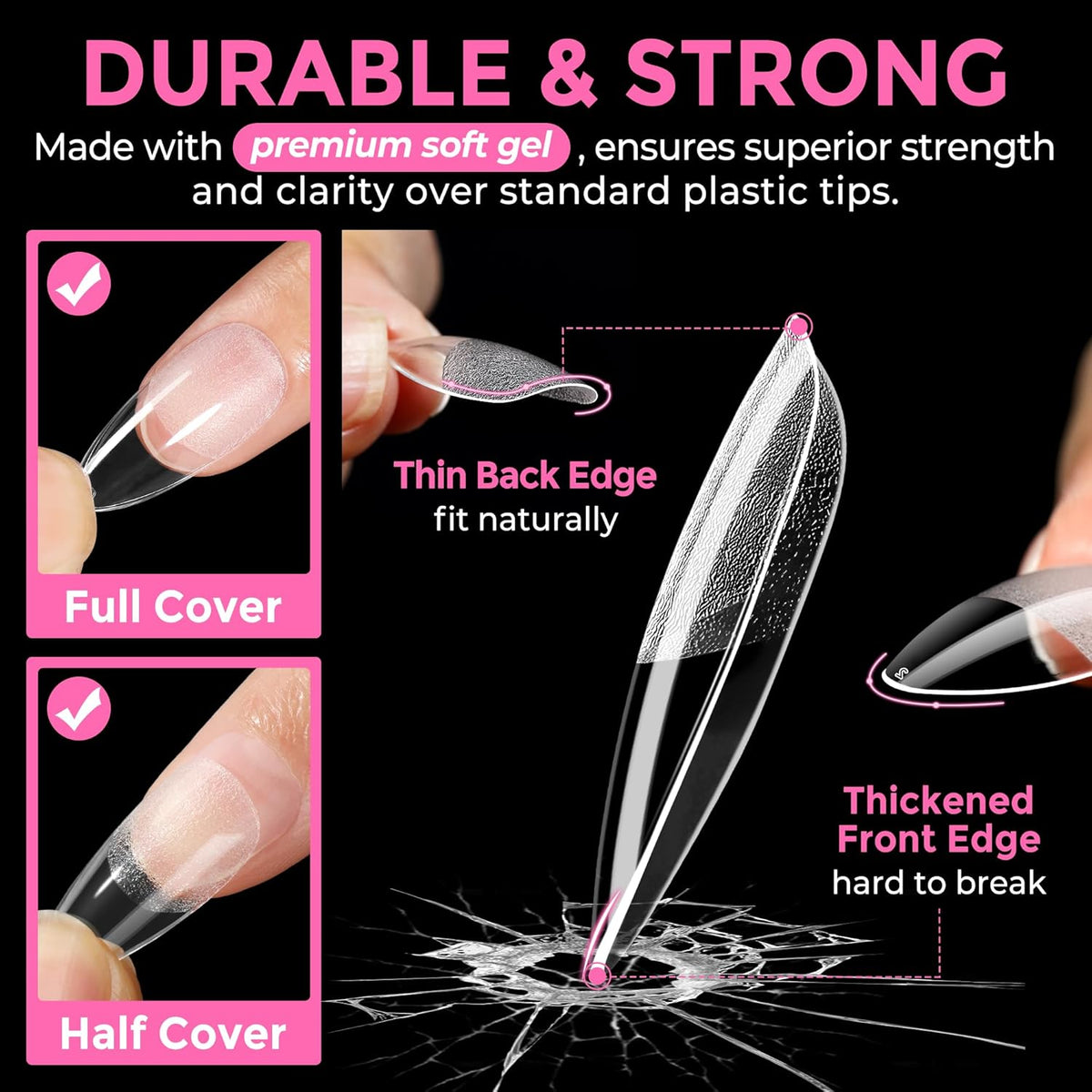 UNA GELLA Almond Nail Tips 216pcs Medium Almond Press on Nails Pre-shape Gel Fake Nails for Full