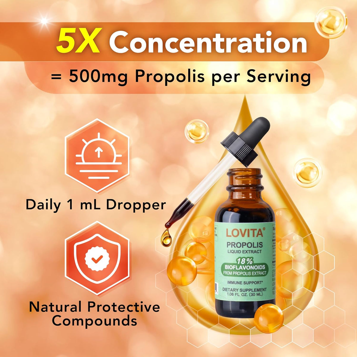 Lovita Bee Propolis Liquid Extract 500mg, 5:1 Resin Drops with 18% Bioflavonoids, Alcohol-Free