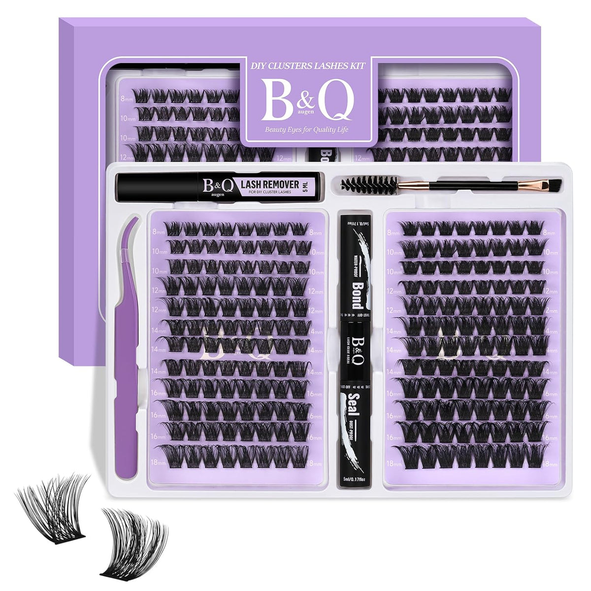 B&Qaugen Lash Extension Kit 192 PCS Eyelash Extension Kit D Curl Lash Clusters Kit Wispy Individual