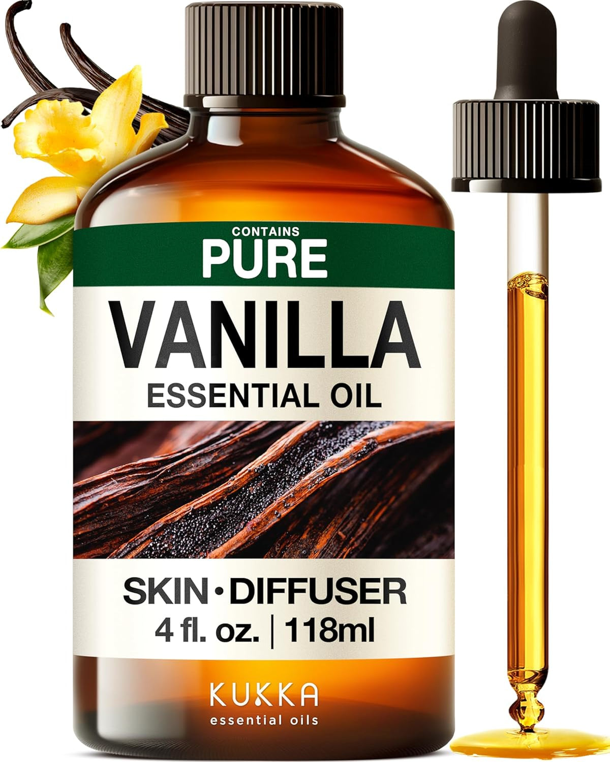 Kukka Vanilla Essential Oil for Diffuser & Skin - 4 Fl Oz - Vanilla Oleoresin Essential Oil - Long