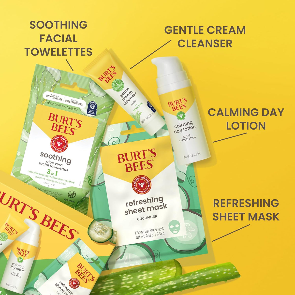 Burt's Bees Gentle Skin Care To-Go Set, Includes Cleanser, Towelettes, Lotion and Sheet Mask