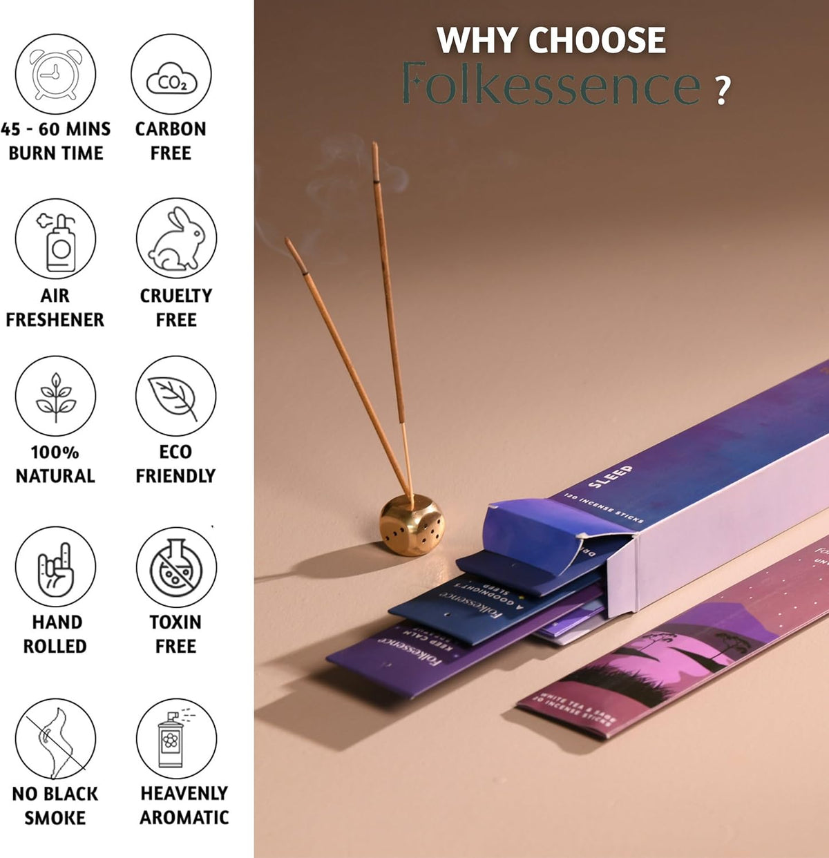 Folkulture Incense Sticks | Set of 6 (120 Non Toxic-Stick) | 45 Mins Burn Time | Rosemary, Jasmine