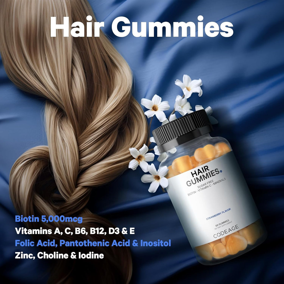 Codeage Hair Gummies, Biotin 5000 mcg, Sugar Free Growth Gummy Vitamins A, C, B6, B12, D3, Zinc