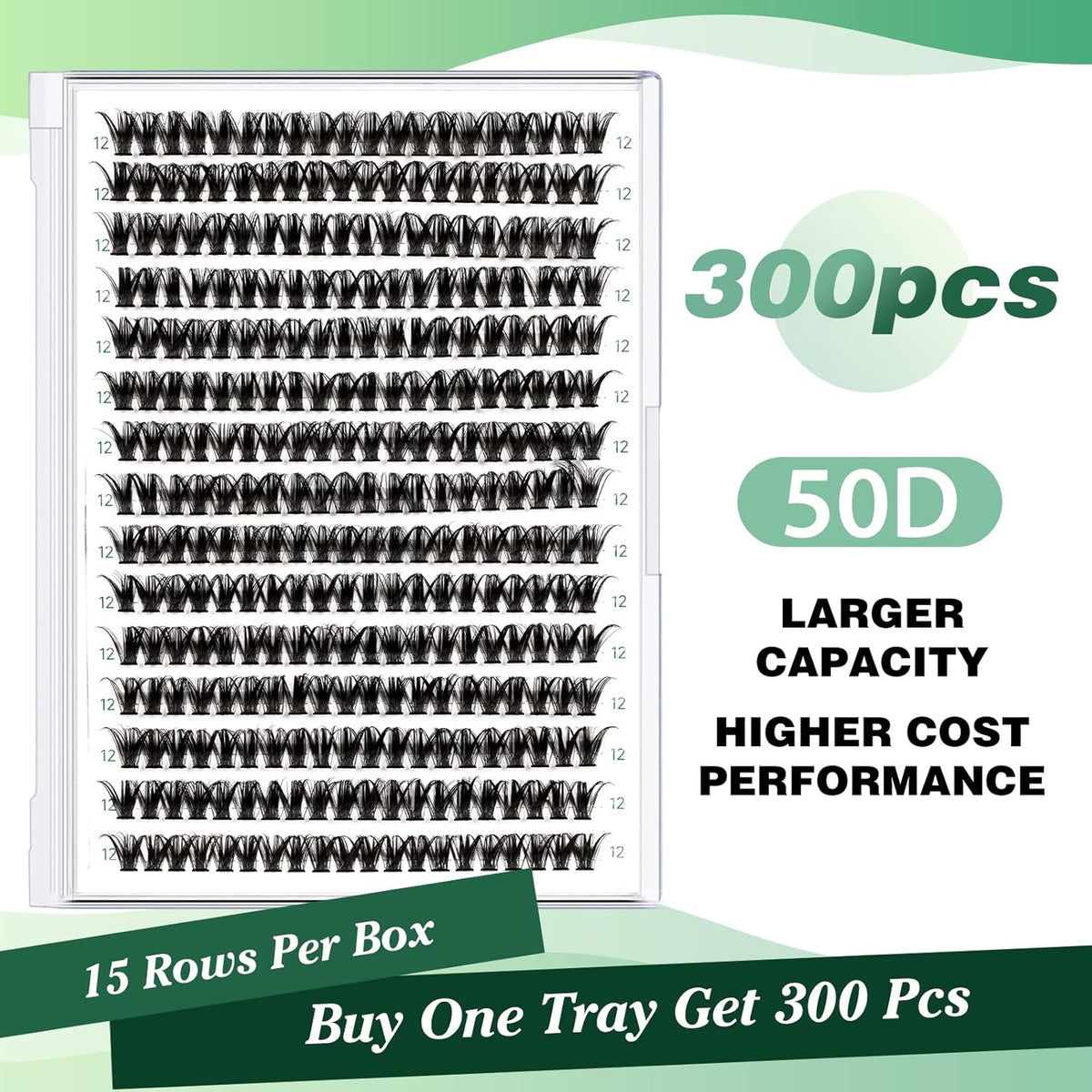 Lash Clusters 300pcs Eyelash Clusters 50D 0.07D Curl 12mm DIY Eyelash Extension KEYYOU Large Tray