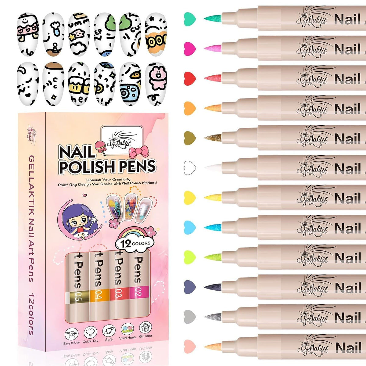 12 Colors Nail Art Pens Set, 3D Nail Color Pens, Quick-Drying Acrylic Paint Markers, Dotting Liner