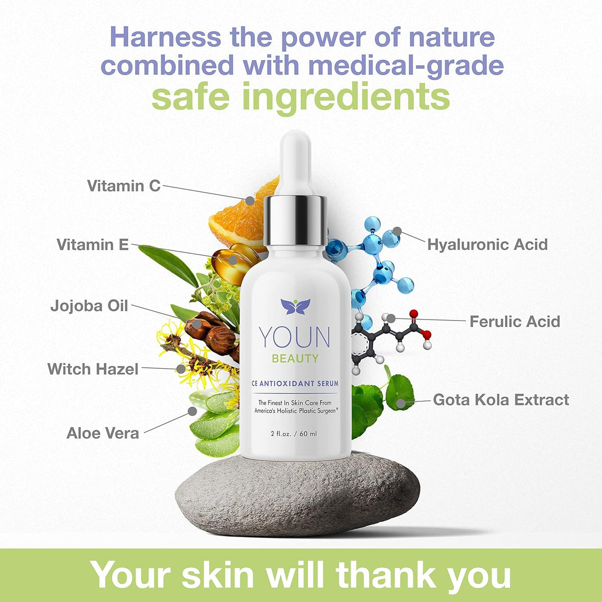YOUN Beauty 20% Vitamin C Face Serum with Hyaluronic Acid, Ferulic Acid & Vitamin E by Holistic