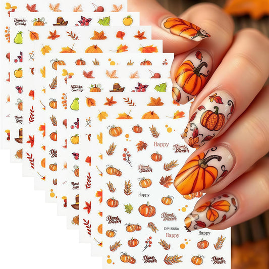 10 Sheets Thanksgiving Day Nail Stickers for Nail Art Fall Nail Sticker 3D Self-Adhesive Shiny