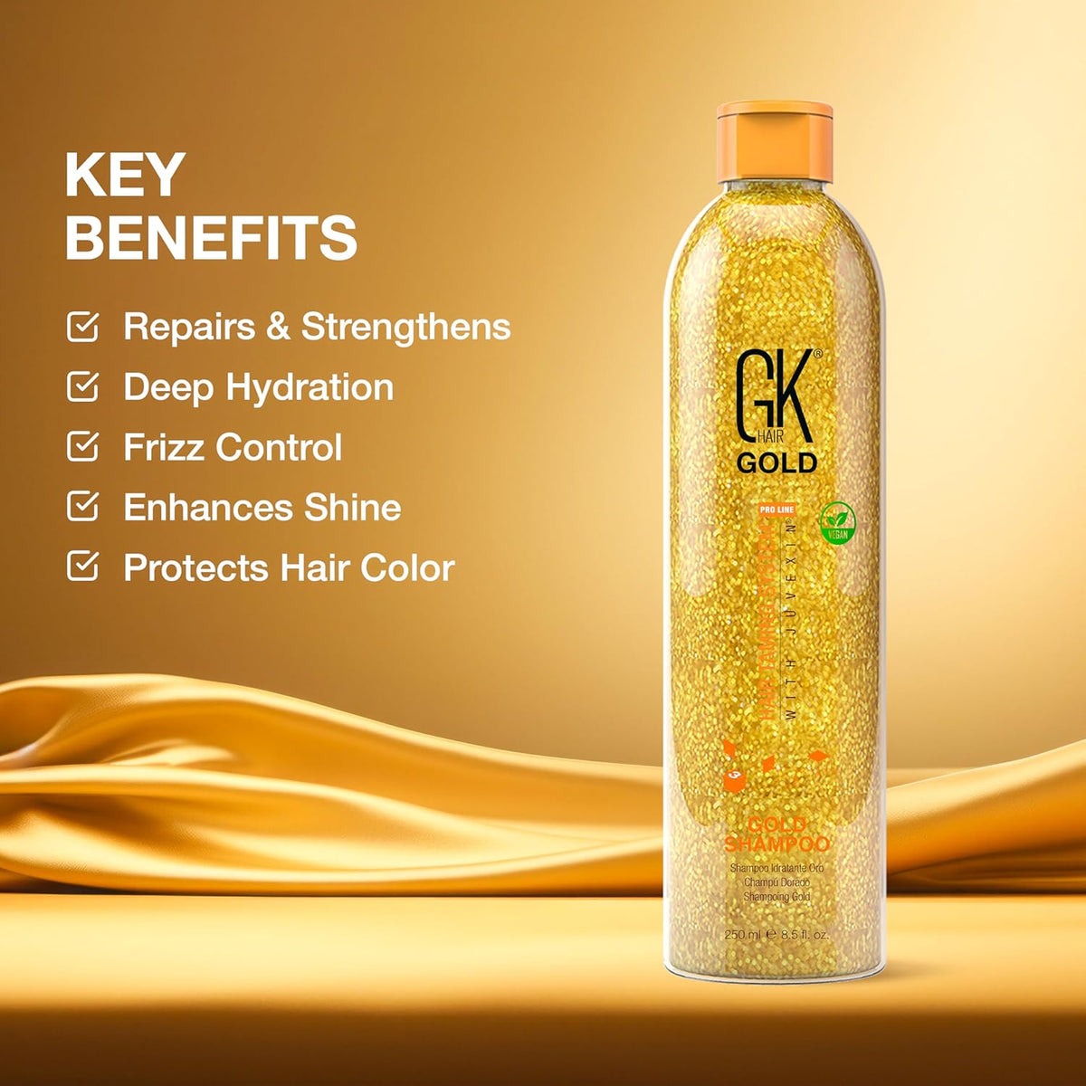GK HAIR Global Keratin Gold Shampoo (8.5 Fl Oz/250ml) Hair Moisturizing Shine and Protection With