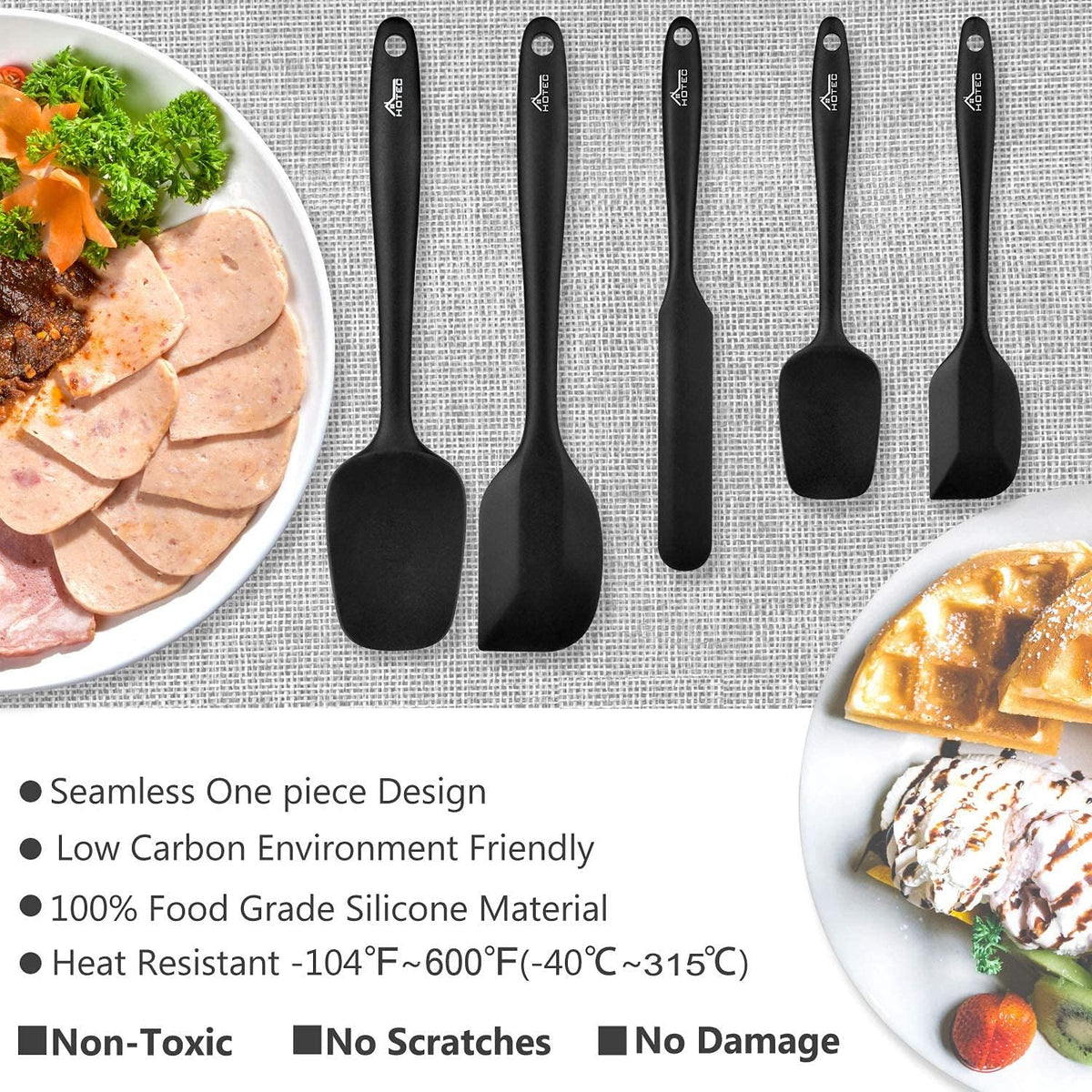 HOTEC 600℉ Heat Resistant BPA-Free Silicone Rubber Spatula Set,Kitchen Cooking Spatulas, Baking