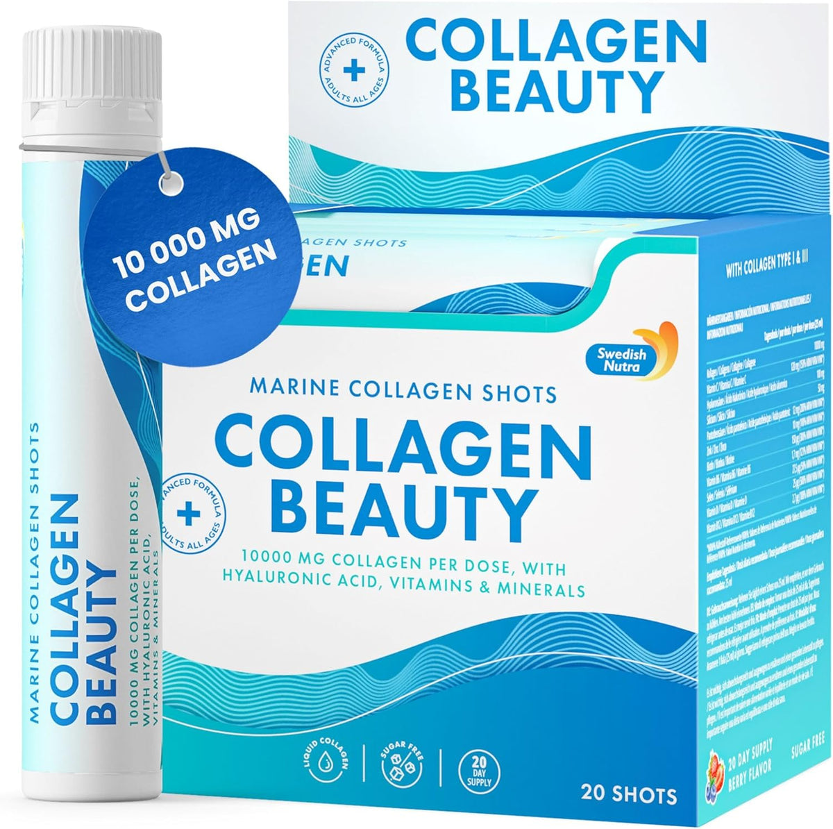 Swedish Nutra - Collagen Beauty | 10,000 mg Hydrolyzed Marine Collagen Liquid Supplement - 20 x 25