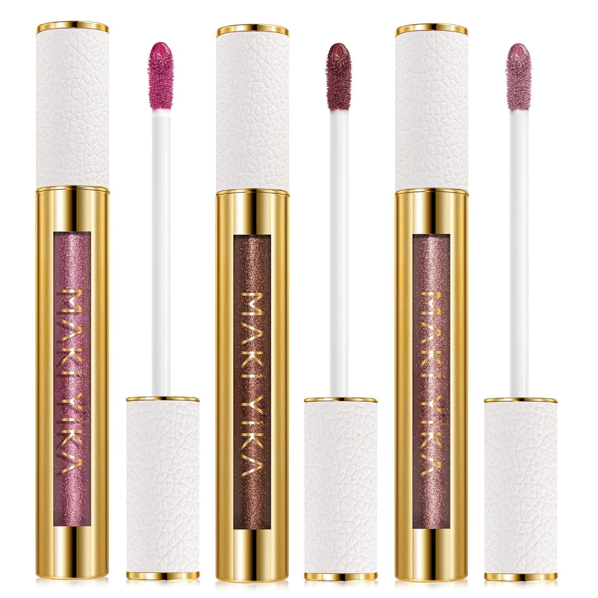 MAKI YIKA 3Pc Metallic Lipstick Long Lasting Pink Brown Nude Glitter Lipsticks High Shine Lipstick