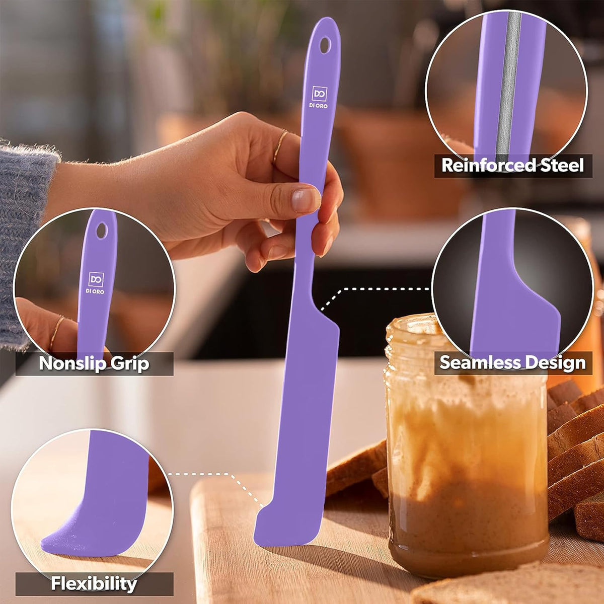 DI ORO Silicone Jar Spatulas for Scraping - Rubber Spatulas Silicone Heat Resistant - Kitchen