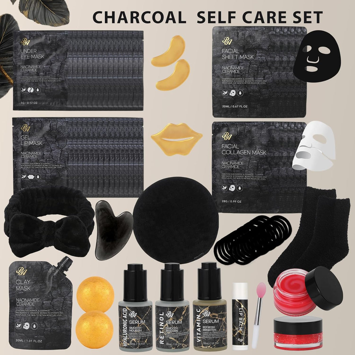 Charcoal Face Sheet Mask Pack, 55Pcs Skin Care Set for Women & Men, Hydrolyzed Real Collagen Mask