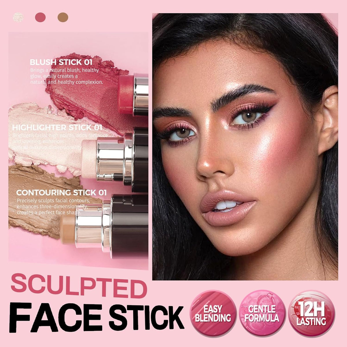 Face Contour Stick Set, Highlighter Stick & Bronzer Stick & Cream Blush Stick for Cheek Lip Tint