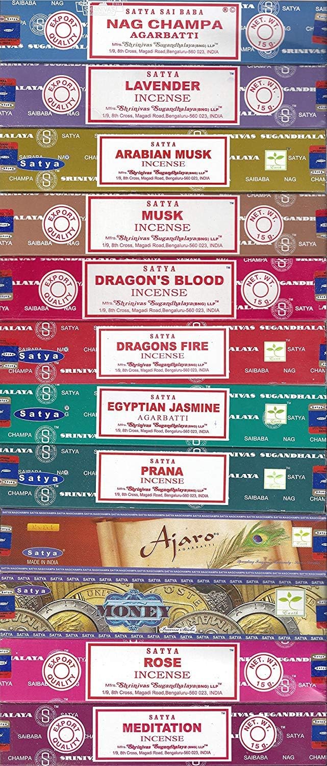 Set of 12 Nag Champa, Lavender, Arabian Musk, Egytian Jasmine, Musk, Dragon's Fire, Dragon's Blood
