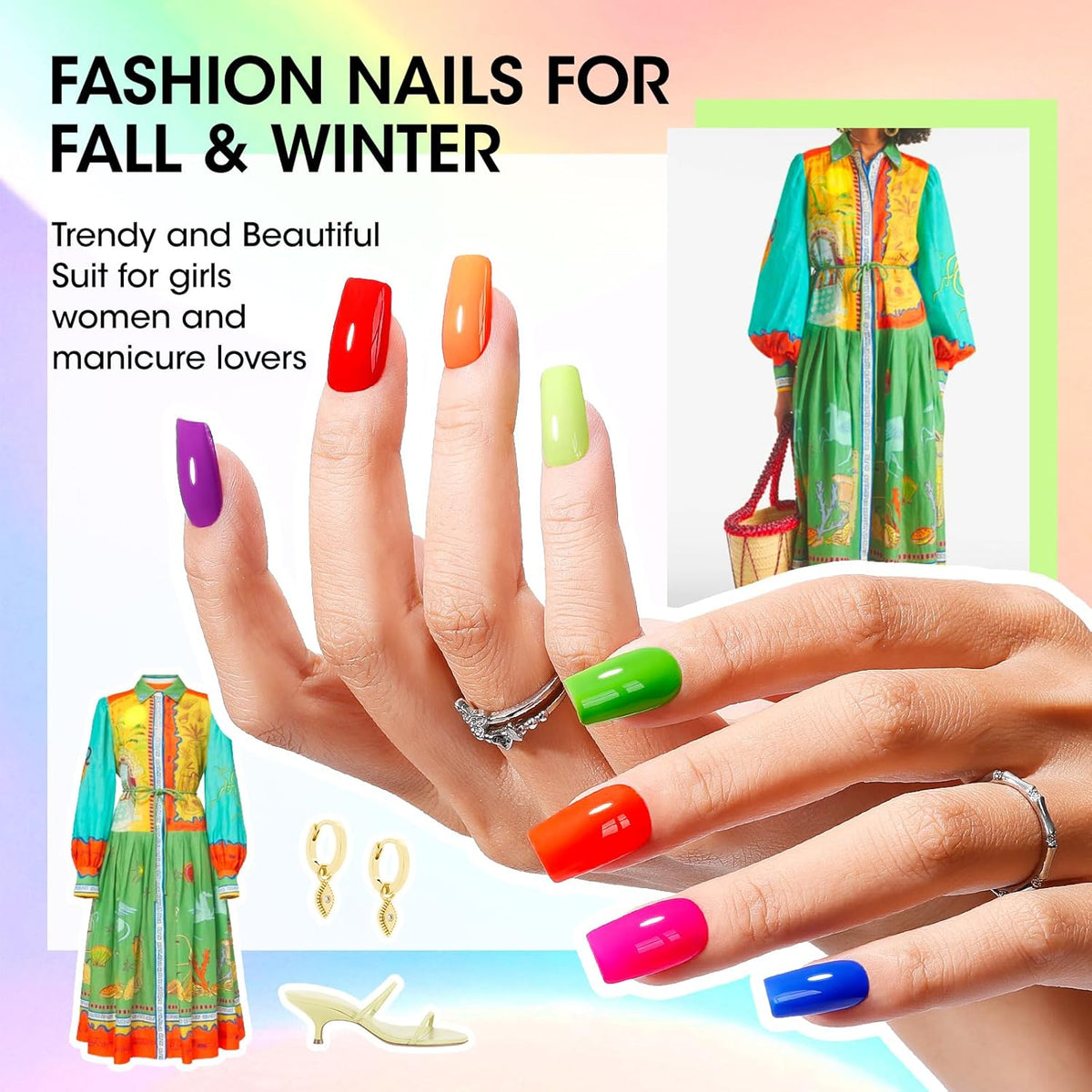 GELLEN Bright Neon Nail Polish Set, Quick Air Dry Regular Nail Polish Vibrant Rainbow 12 Colors Set