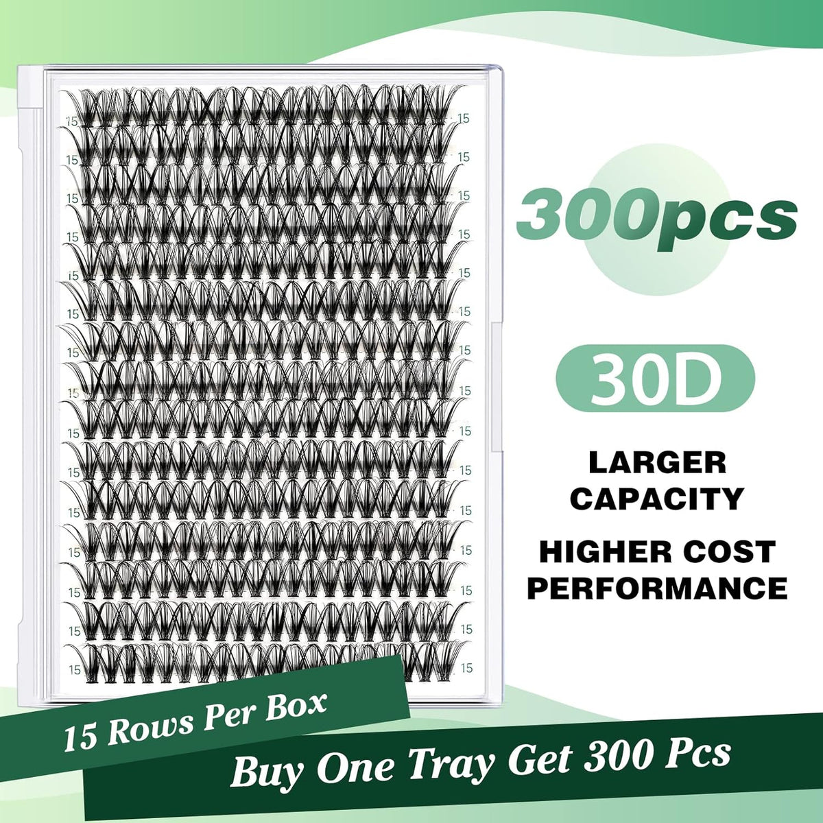 Lash Clusters 300pcs Individual Lashes 30D 0.07D Curl 15mm DIY Eyelash Extension KEYYOU Large Tray